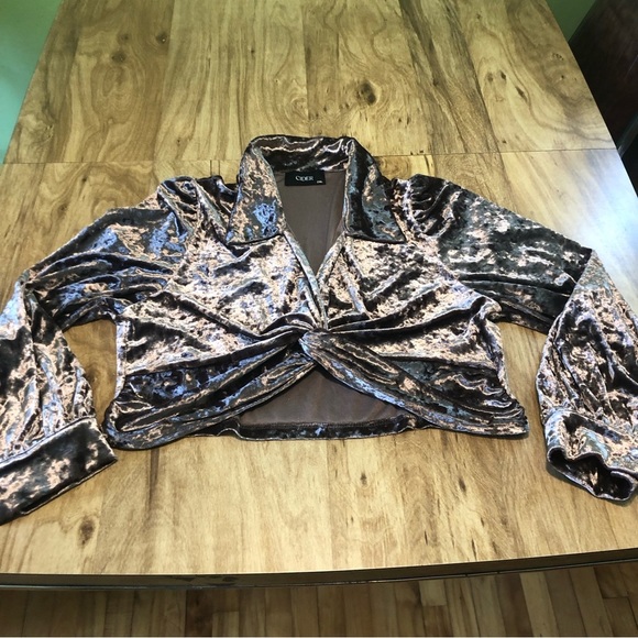 Cider Sweaters - Cider Shiny Satin Cropped Long Sleeve Faux Tie Wrap Front Top Size 2XL Pearl